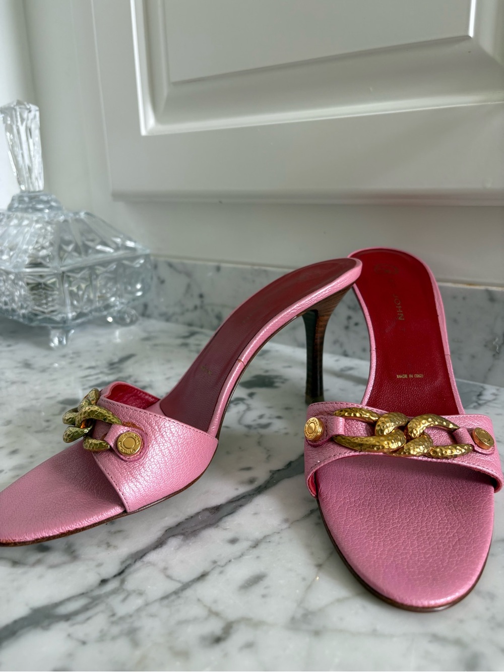 Pink Chain-Accent Leather Mule Heels - Picture 2 of 3